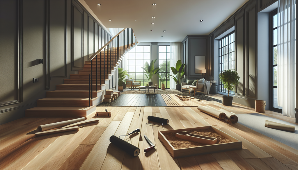 A professional, high-quality photograph showing Transformez votre espace : L'impact d'un plancher rénové. Natural lighting, realistic scene, photorealistic style. Wide angle shot, 16:9 aspect ratio. Professional photography, detailed, high resolution. Context: étapes de rénovation de plancher. NO text, NO watermarks, NO logos. Clean, professional image.