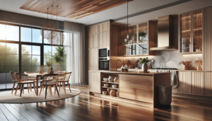 A professional, high-quality photograph showing Transformez votre espace : L'impact du bois dans la rénovation de cuisine. Natural lighting, realistic scene, photorealistic style. Wide angle shot, 16:9 aspect ratio. Professional photography, detailed, high resolution. Context: rénovation de cuisine en bois. NO text, NO watermarks, NO logos. Clean, professional image.