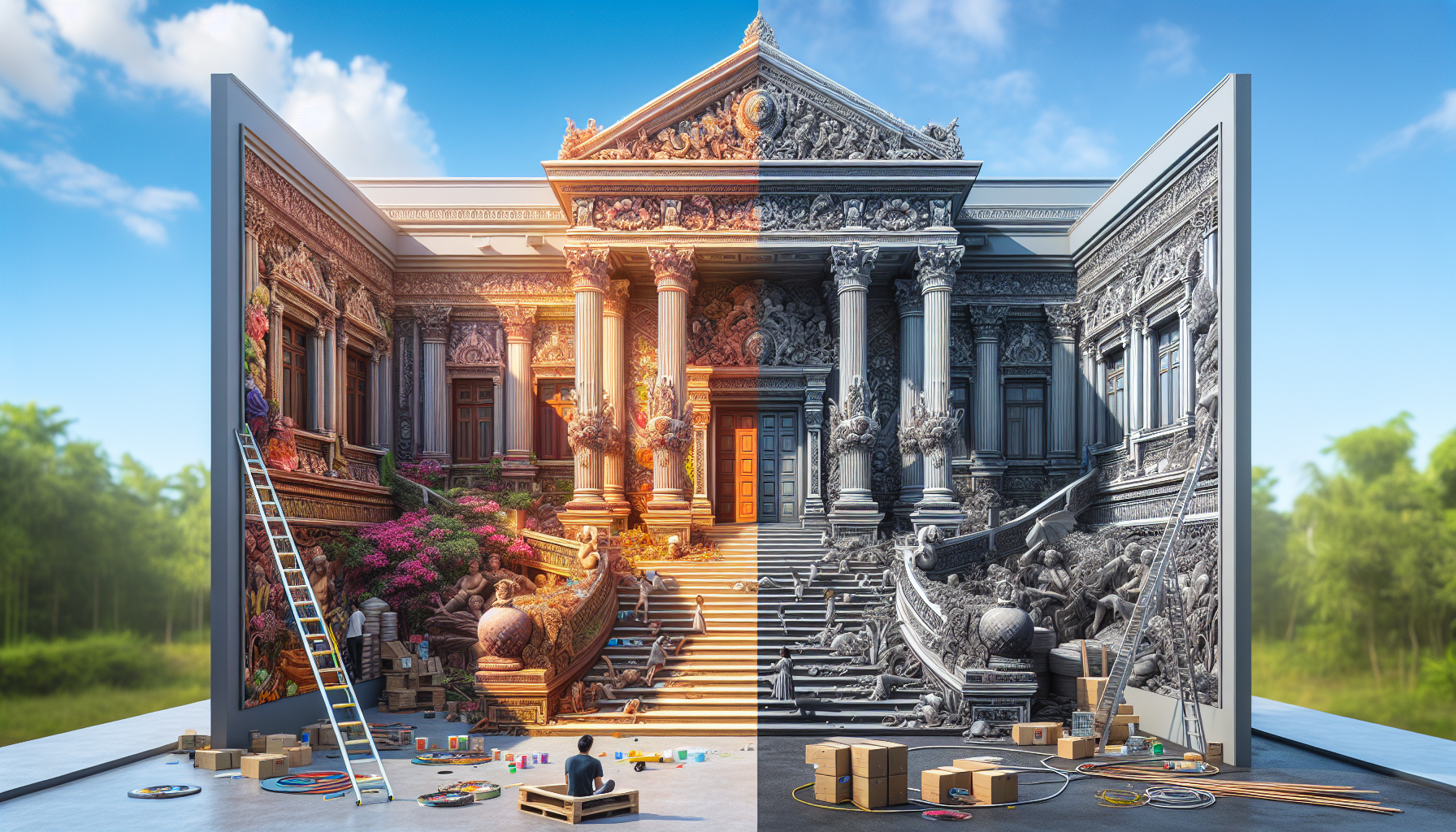 A professional, high-quality photograph showing Transformez l'Ordinaire : Les Pouvoirs Cachés de la Couleur. Natural lighting, realistic scene, photorealistic style. Wide angle shot, 16:9 aspect ratio. Professional photography, detailed, high resolution. Context: rénovation façade extérieure. NO text, NO watermarks, NO logos. Clean, professional image.