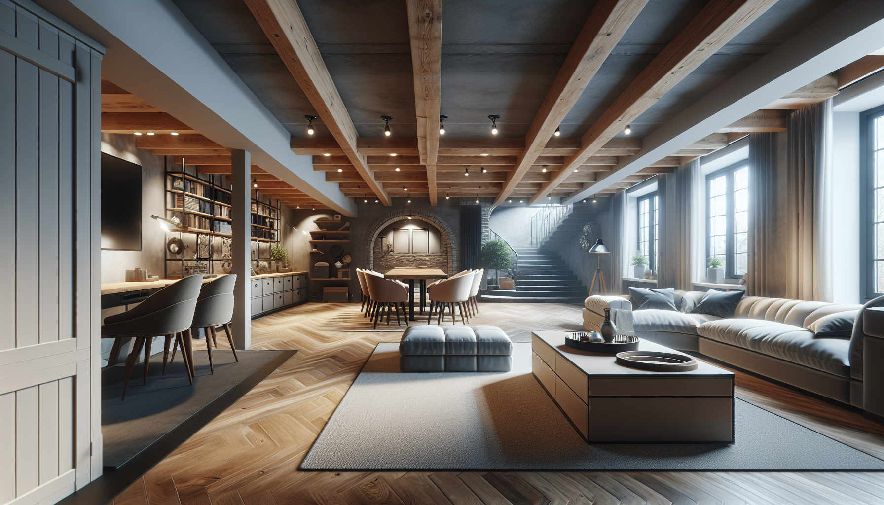 A professional, high-quality photograph showing Révélez le potentiel caché de votre sous-sol. Natural lighting, realistic scene, photorealistic style. Wide angle shot, 16:9 aspect ratio. Professional photography, detailed, high resolution. Context: renovation sous sol. NO text, NO watermarks, NO logos. Clean, professional image.