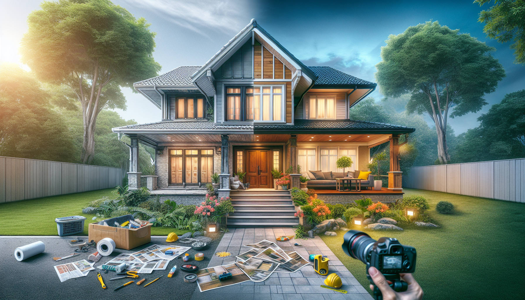 A professional, high-quality photograph showing Transformez Votre Maison avec une Rénovation Façade Extérieure. Natural lighting, realistic scene, photorealistic style. Wide angle shot, 16:9 aspect ratio. Professional photography, detailed, high resolution. Context: rénovation façade extérieure. NO text, NO watermarks, NO logos. Clean, professional image.